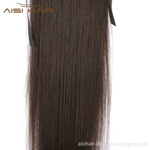 Aisi Hair 16 Inch Indian  Human Hair Ponytail Human Hair Extension Ribbon Straight Ponytail Extensions for Women